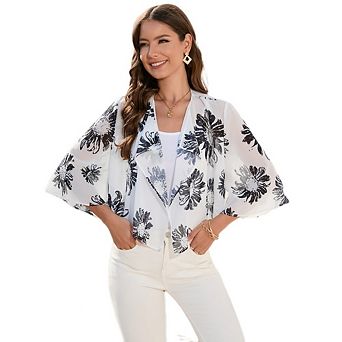 Womens 3/4 Sleeve Cropped Cardigan Casual Floral Chiffon Lapel Collar Open Front Summer Cover Up