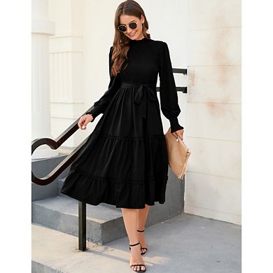 Womens Long Sleeve Dress Causal Elegant A-Line Belted Flowy Spring Fall Ruffle Cocktail Dress