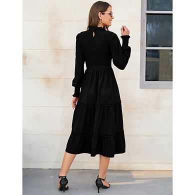 Womens Long Sleeve Dress Causal Elegant A-Line Belted Flowy Spring Fall Ruffle Cocktail Dress