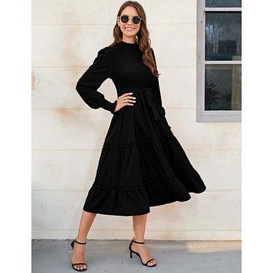 Womens Long Sleeve Dress Causal Elegant A-Line Belted Flowy Spring Fall Ruffle Cocktail Dress