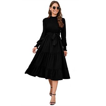 Womens Long Sleeve Dress Causal Elegant A-Line Belted Flowy Spring Fall Ruffle Cocktail Dress
