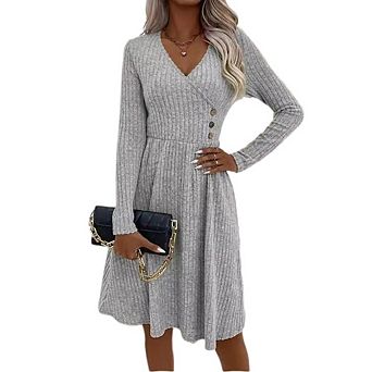 Womens Casual Long Sleeve Dress V Neck Rib Knit Dress for Daily Work Office Date Fall Midi Dresses