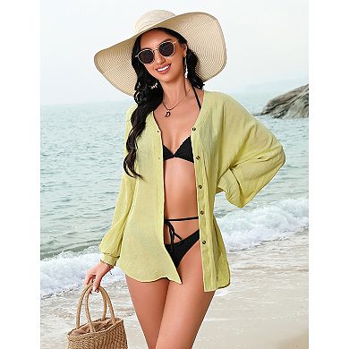 Swimsuit Coverup for Women Button Down Beach Long Sleeve Shirt Dress