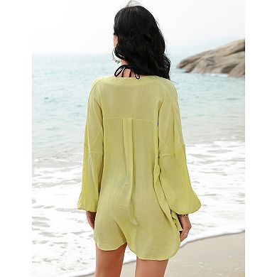 Swimsuit Coverup for Women Button Down Beach Long Sleeve Shirt Dress
