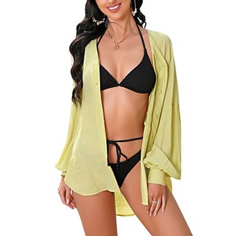 Swimsuit Coverup for Women Button Down Beach Long Sleeve Shirt Dress