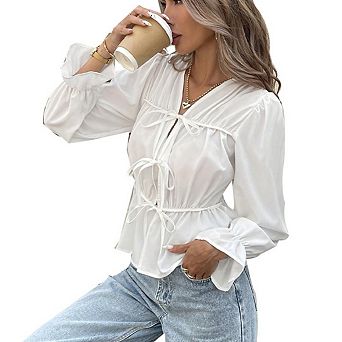 Women's Long Sleeve Front Tie Up Trim Blouse Crop Tops Ruffle Hem Shirts Babydoll