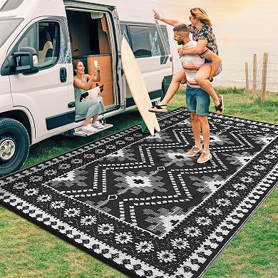 GlowSol Geometric Outdoor Rugs Waterproof UV Resistant Reversible Plastic Straw Rug for Patio