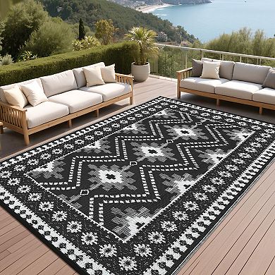 GlowSol Geometric Outdoor Rugs Waterproof UV Resistant Reversible Plastic Straw Rug for Patio
