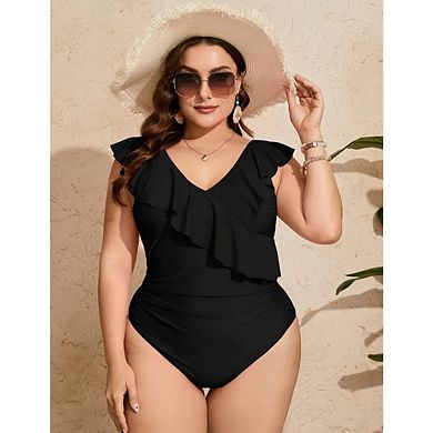 Women’s One Piece Plus Size Swimsuit Cross Ruffled V-Neck Double Shoulder Holiday Leisure Swimsuit