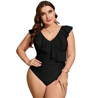 Women’s One Piece Plus Size Swimsuit Cross Ruffled V-Neck Double Shoulder Holiday Leisure Swimsuit