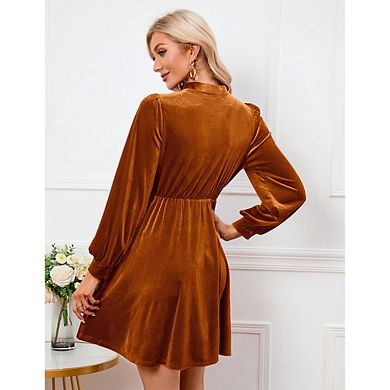Women Long Sleeve Tie Collar Dress Wedding Guest Mini Dress