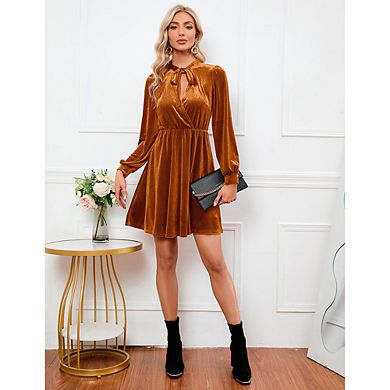 Women Long Sleeve Tie Collar Dress Wedding Guest Mini Dress
