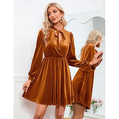 Women Long Sleeve Tie Collar Dress Wedding Guest Mini Dress