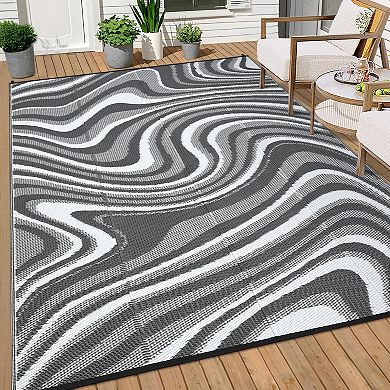 GlowSol Modern Abstract Outdoor Rugs Reversible Waterproof Plastic Straw Rug for Patio Beach