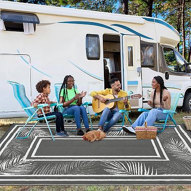 GlowSol Modern Bordered Outdoor Rugs Reversible Waterproof Plastic Straw Rug for Porch Garden