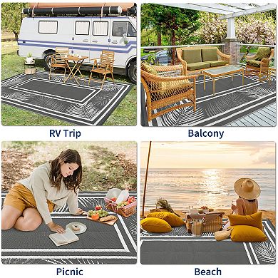 GlowSol Modern Bordered Outdoor Rugs Reversible Waterproof Plastic Straw Rug for Porch Garden