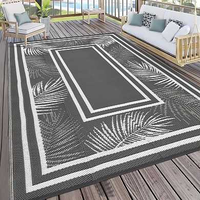 GlowSol Modern Bordered Outdoor Rugs Reversible Waterproof Plastic Straw Rug for Porch Garden
