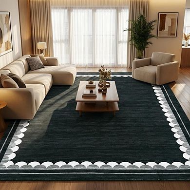 Scalloped Border Rug,Stain Resistant Throw Carpet,Low Pile Floor Cover,Washable