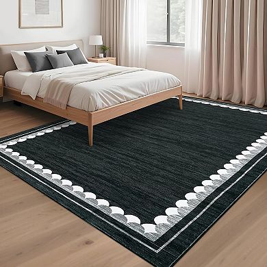 Scalloped Border Rug,Stain Resistant Throw Carpet,Low Pile Floor Cover,Washable