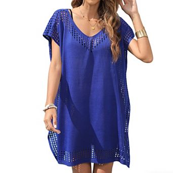 Women's V Neck Crochet Cover Up Dress Loose Fit Hollow Out Beach Tunic Swimsuit Cover Up