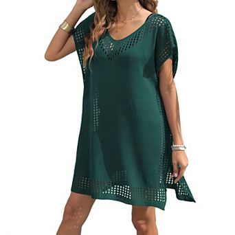 Women's V Neck Crochet Cover Up Dress Loose Fit Hollow Out Beach Tunic Swimsuit Cover Up