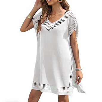 Women's V Neck Crochet Cover Up Dress Loose Fit Hollow Out Beach Tunic Swimsuit Cover Up