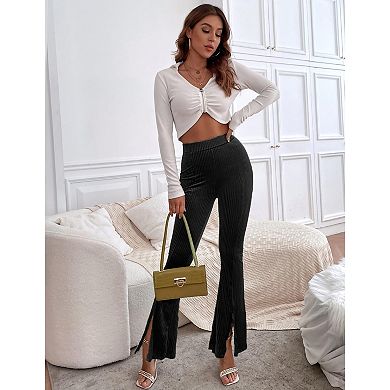 Women Elastic Waisted Velvet Side Slit Bell Pants