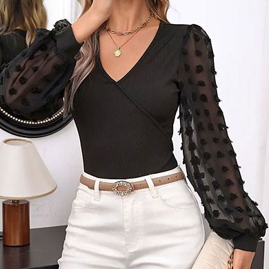 Women's V-neck Long Sleeved Jacquard Patchwork Slim Fit Bubble Sleeve Top