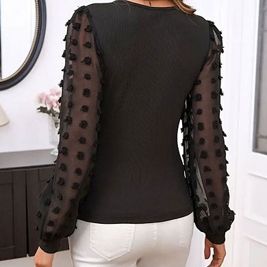 Women's V-neck Long Sleeved Jacquard Patchwork Slim Fit Bubble Sleeve Top