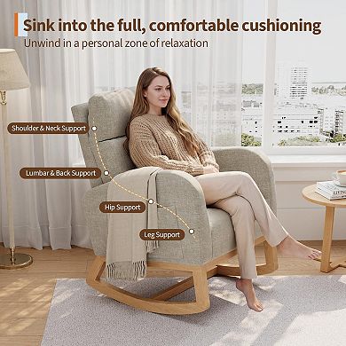 Modern Nursery Rocking Chair,High Back Glider with Pillow, Side Pockets for Bedroom & Nursing Room