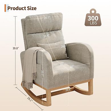 Modern Nursery Rocking Chair,High Back Glider with Pillow, Side Pockets for Bedroom & Nursing Room