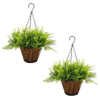 2-Pack Artificial Outdoor Hanging Planters Fern Faux with Basket, UV Resistant Faux Cypress Shrubs