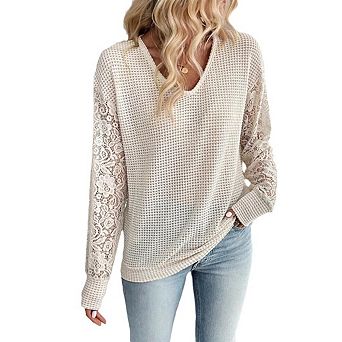 Women's V-neck Long Sleeved Lace Floral See Through Patchwork Top