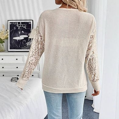 Women's V-neck Long Sleeved Lace Floral See Through Patchwork Top