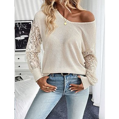Women's V-neck Long Sleeved Lace Floral See Through Patchwork Top
