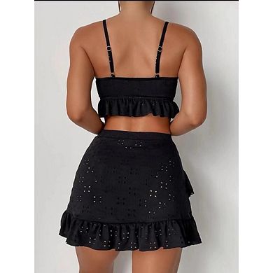 Womens Three-Piece Ruffle Swimsuit Tie Front Cami Top and High-Waisted Mini Skirt Adjustable Straps
