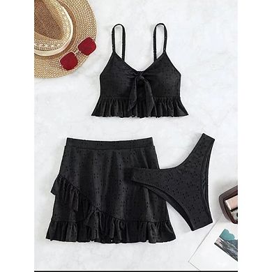 Womens Three-Piece Ruffle Swimsuit Tie Front Cami Top and High-Waisted Mini Skirt Adjustable Straps