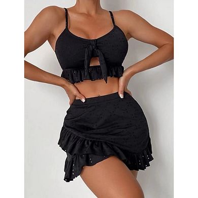 Womens Three-Piece Ruffle Swimsuit Tie Front Cami Top and High-Waisted Mini Skirt Adjustable Straps