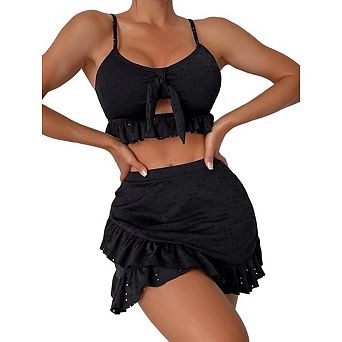 Womens Three-Piece Ruffle Swimsuit Tie Front Cami Top and High-Waisted Mini Skirt Adjustable Straps