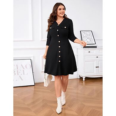 Women Plus Size V Neck Long Sleeve Button Dress