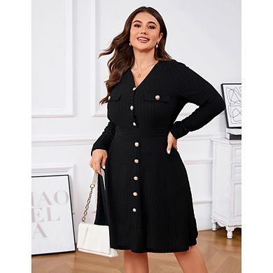Women Plus Size V Neck Long Sleeve Button Dress