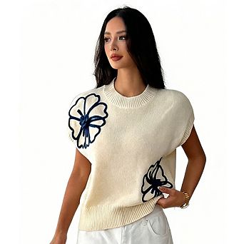 Womens Short Sleeve Sweater 3D Floral Knit Sweaters Pullover Cap Sleeve Tank Tops Summer Clothing