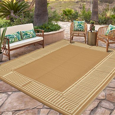 GlowSol Modern Geometric Outdoor Rugs Reversible UV Resistant Portable Bordered Plastic Straw Rug