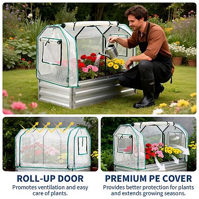 Raised Garden Bed with Greenhouse Cover Built-in Spray Tube, Galvanized Metal Elevated Planter Box