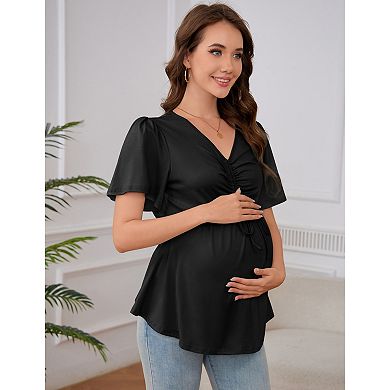 Women Maternity Short Sleeve Blouse v Neck Ruched Casual Shirt