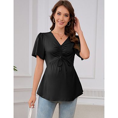 Women Maternity Short Sleeve Blouse v Neck Ruched Casual Shirt