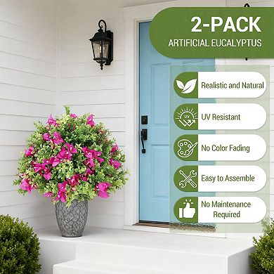 Artificial Boxwood Topiary Ball Trees with Flowers,UV Resistant Fake Shrubs with Ground Spikes 2Pcs