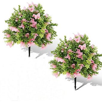 Artificial Boxwood Topiary Ball Trees with Flowers,UV Resistant Fake Shrubs with Ground Spikes 2 pc