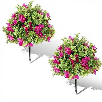 Artificial Boxwood Topiary Ball Trees with Flowers,UV Resistant Fake Shrubs with Ground Spikes 2 pc