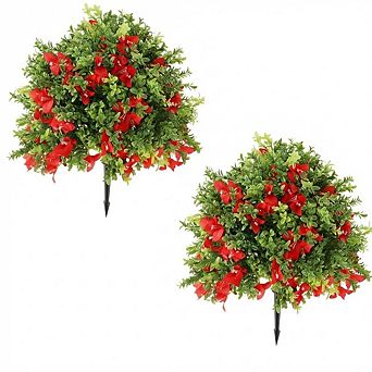 Artificial Boxwood Topiary Ball Trees with Flowers,UV Resistant Fake Shrubs with Ground Spikes 2 pc